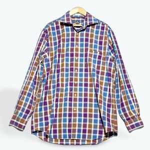 Peter Millar Multicolor Checked Collared Button Down Cotton Dress Shirt Size LT